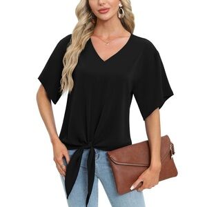 Uvplove Womens Tie Front Blouses V Neck Short Sleeve Chiffon Top | Medium